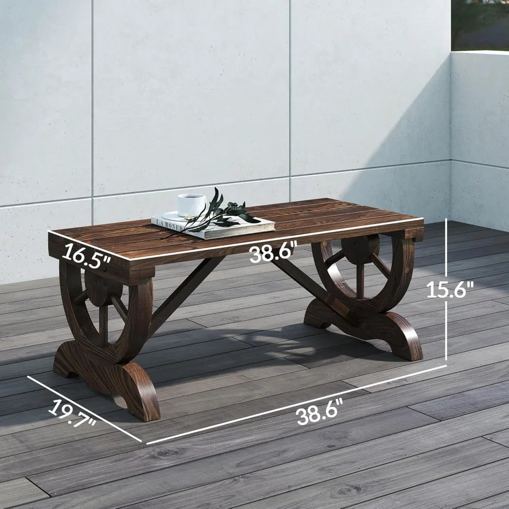 Outsunny 2-Person Wooden Garden Bench, Outdoor Wagon Wheel Porch Bench for Backyard Garden, Support 550 LBS, Rustic Country Styl
