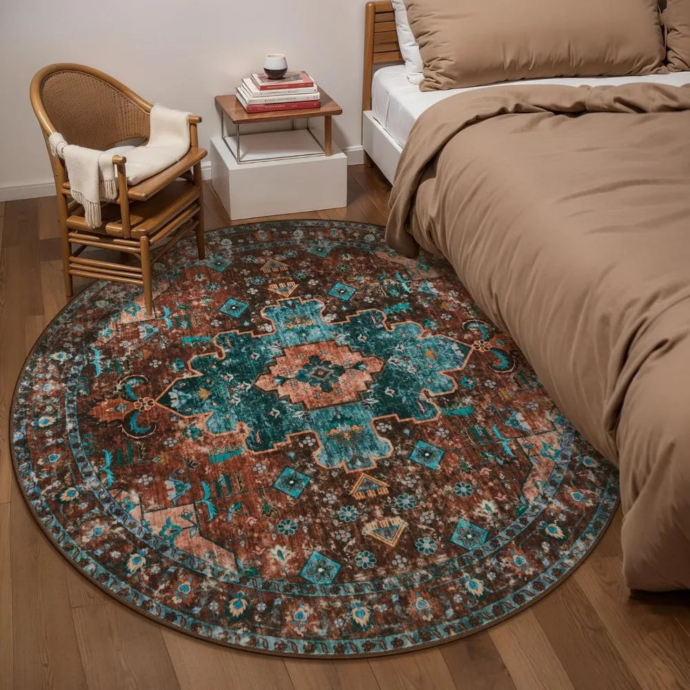 Ciicool Boho Area Rug 4x4ft Round Washable Bedroom Non-Slip Vintage Entryway Throw Low-Pile Indoor Carpet for Living Room Foyer(