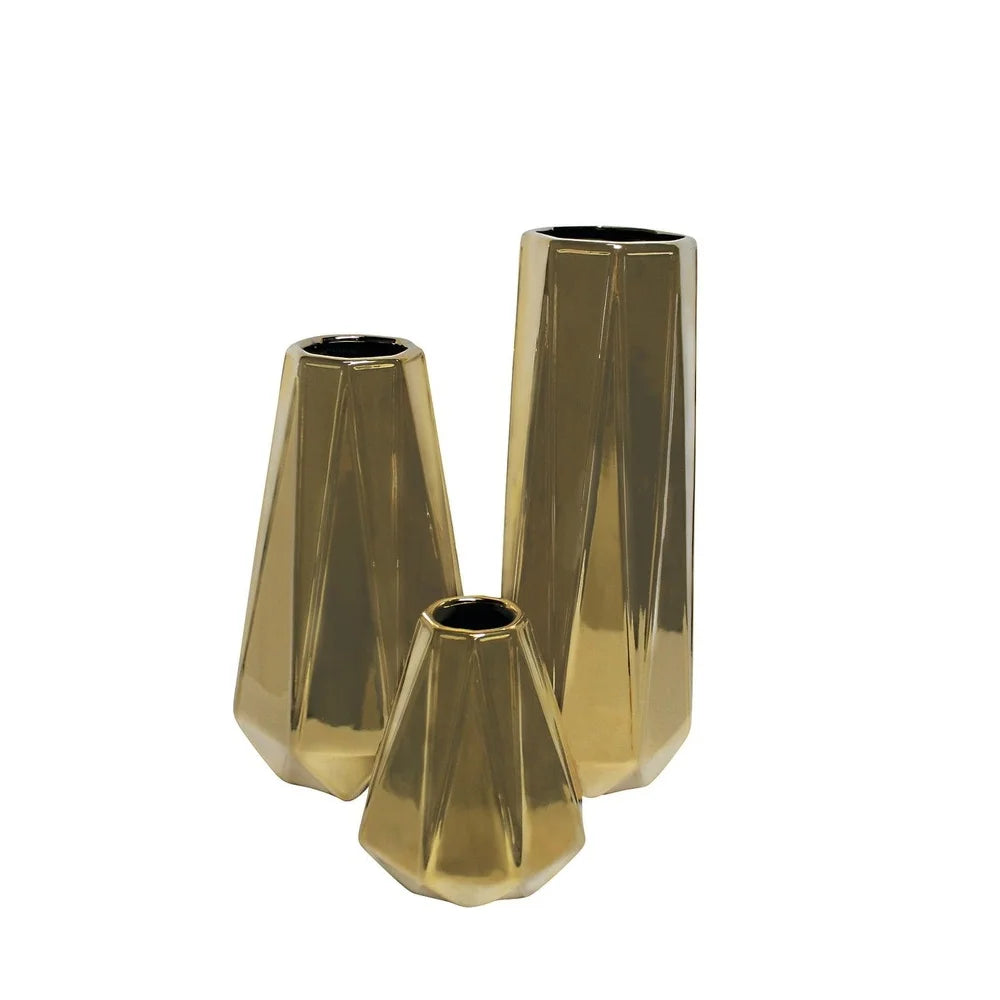 Gold Geometric Ceramic Vase Set of 3 Modern Decorative Home Accent Indoor Use Stoneware Tapered Round Design High Shine Finish