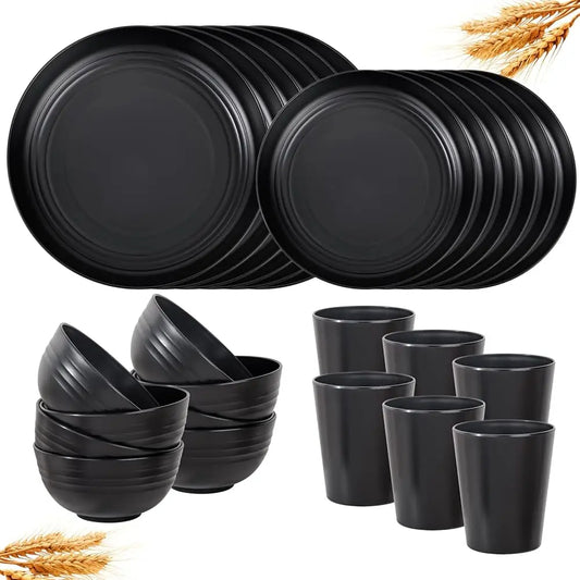 Liyh 24Pcs Wheat Straw Dinnerware Sets Unbreakable Dinner Plates And Bowls Set Bla Plastic Dinnerware Set Lude 12Pcs Wheat