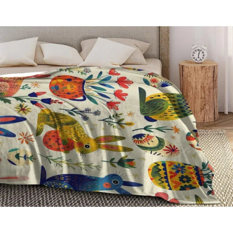 Bunny Easter Egg Wildflower Flannel Blanket, Colorful Floral Soft Warm Flannel Blanket for Sofa Bed