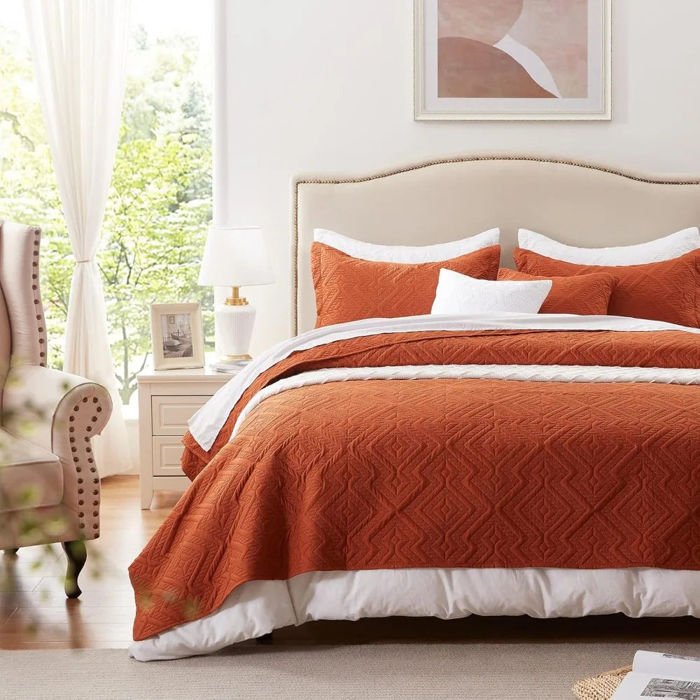 LEAONME Full/Queen Quilt Set 3 Pieces, Lightweight Burnt Orange/Rust Bedspread-90''x98'', Soft Microfiber Summer Quilt, Luxuriou