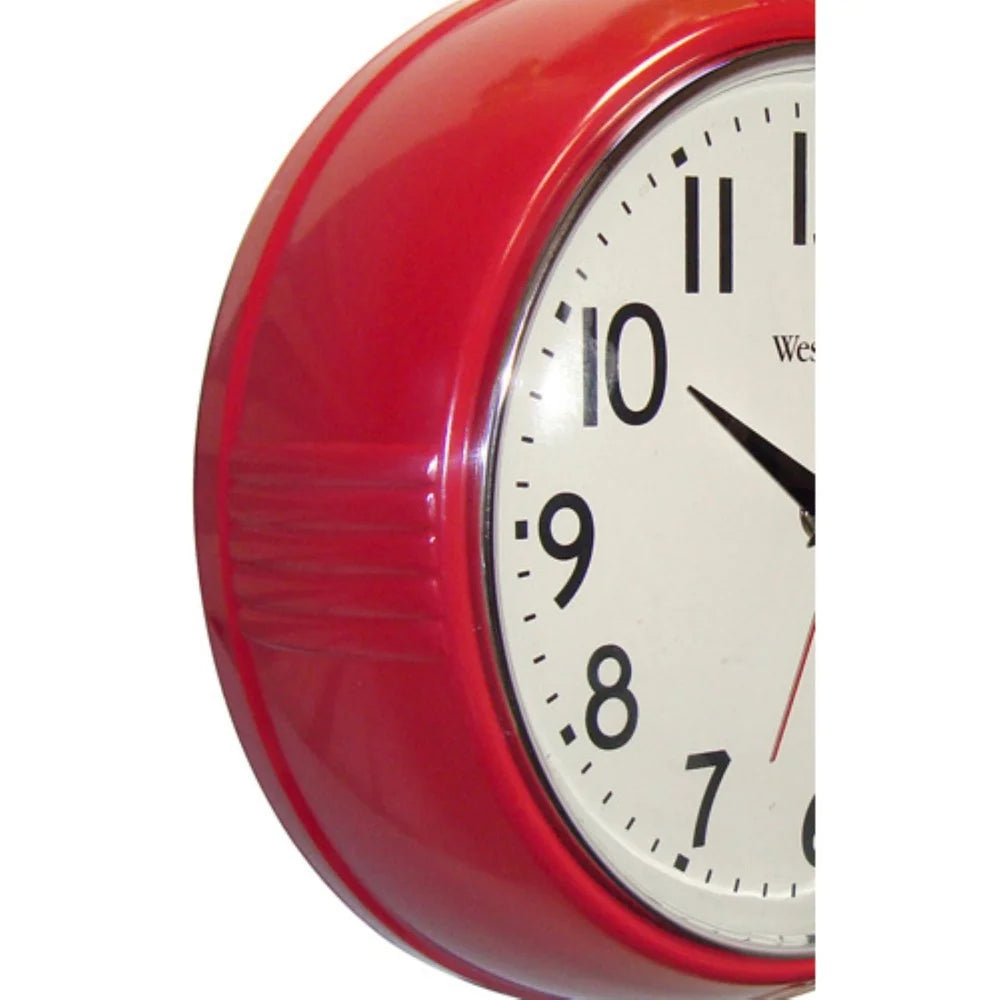 Retro 9.5 Inch Analog Quartz Wall Clock Convex Glass Lens Red Finish Chrome Trim Easy Read Dial Kitchen Decor