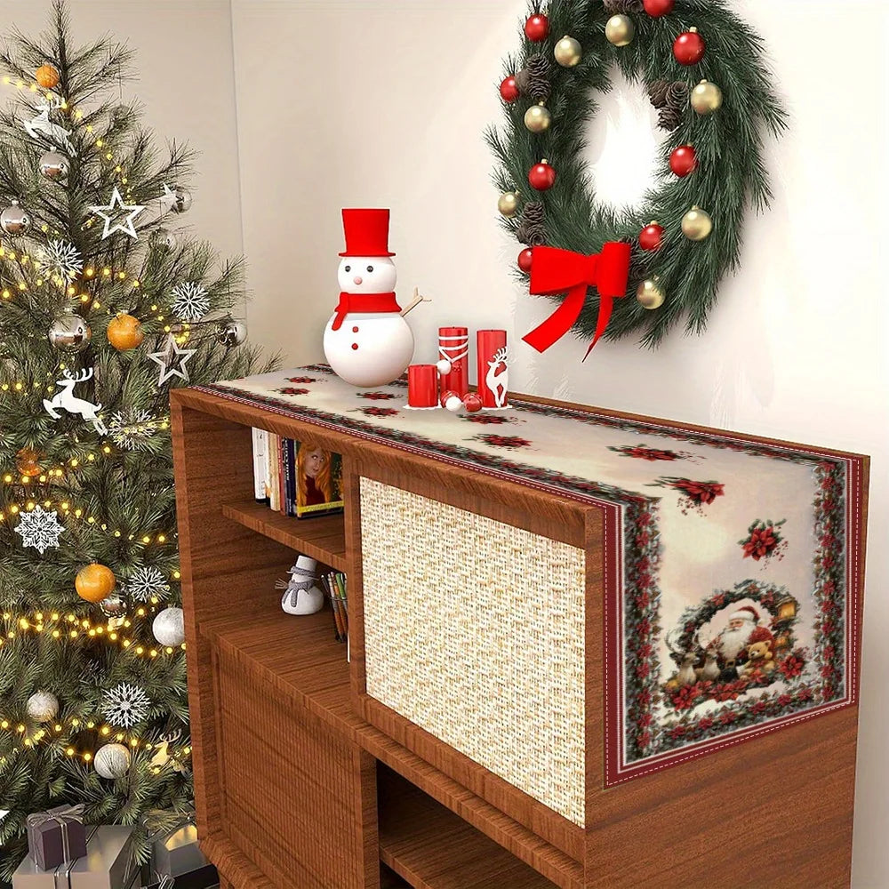 Christmas Table Runner with Santa Claus, Deer & Poinsettia Pattern, Multiple Sizes, for Christmas Home Decoration and Gifts