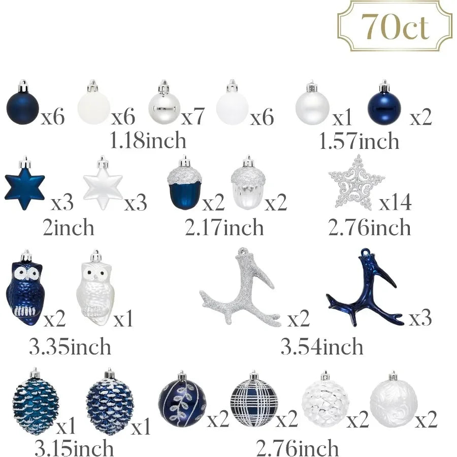 70piece navy blue and silver shatterproof Christmas tree ornaments set with woodland theme for holiday decorations ideal for Th