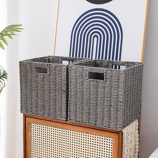 Wicker Storage Baskets, Set of 2 Hand-Woven Storage Baskets for Shelves with Handles, Foldable Cube Storage Baskets Bins Organizer 13 inch Large Wicker Baskets for Pantry Bedroom Decor, Brown