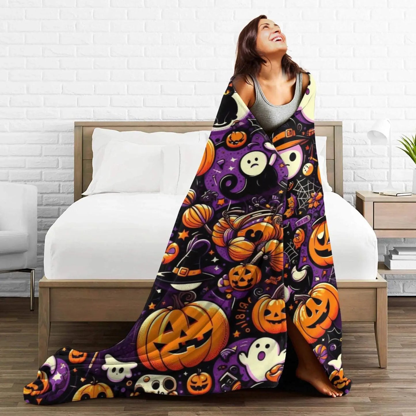 Halloween Ultra-Soft Micro Fleece Blanket - Vintage Festive Pumpkin And Ghost Design,  Multi-season Comfort For Sofa, Bed, Car