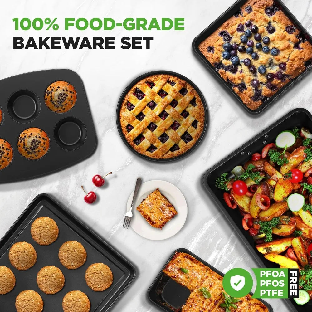 NutriChef 8-Piece Nonstick Stackable Bakeware Set – Non Toxic Carbon Steel Baking Trays W/Cookies Sheet Muffin, Loaf, Cake, Roun