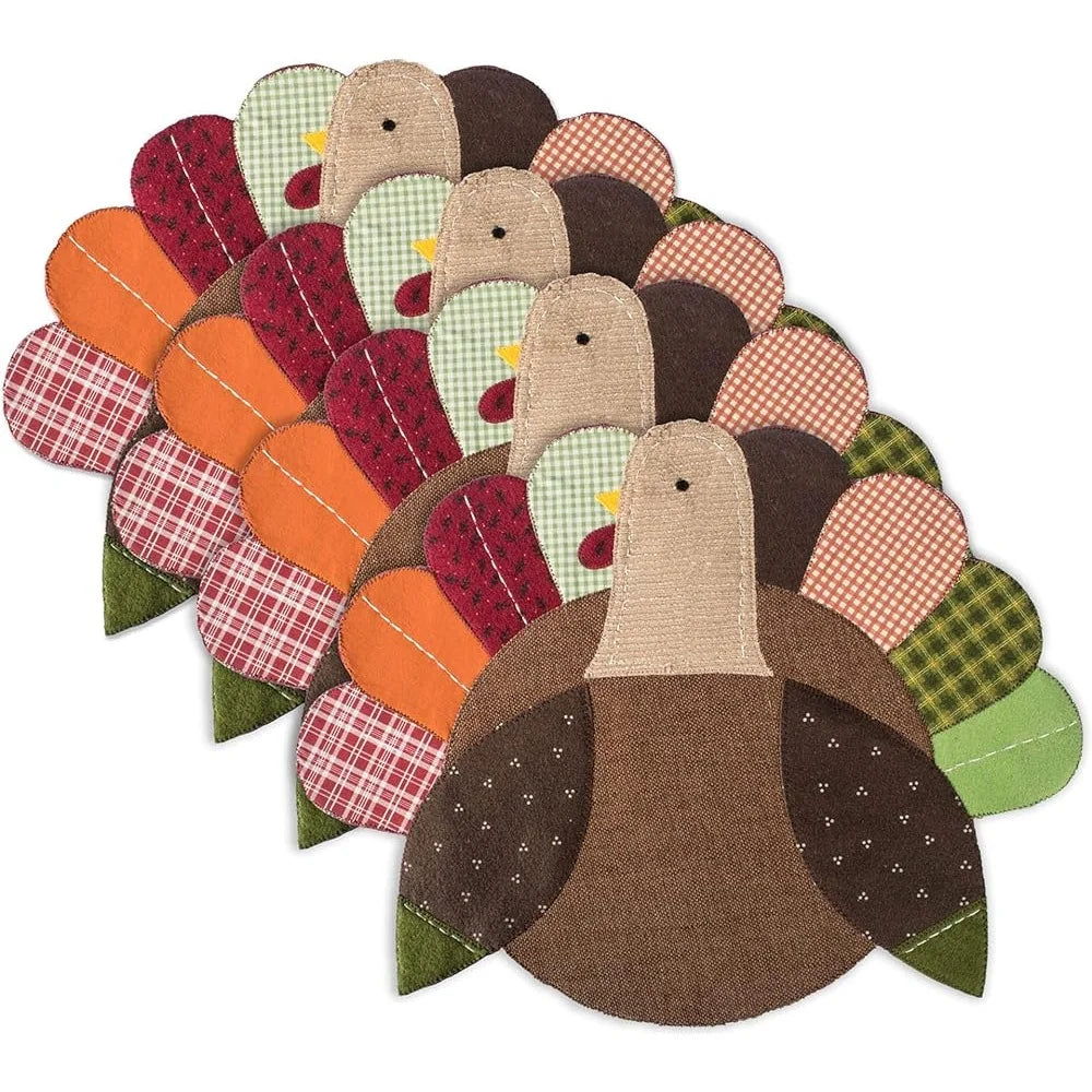 Thanksgiving Table Placemats Set 14x19 Embroidered Turkey Fall Decor 4 Count Elegant Home Accents Hand Wash