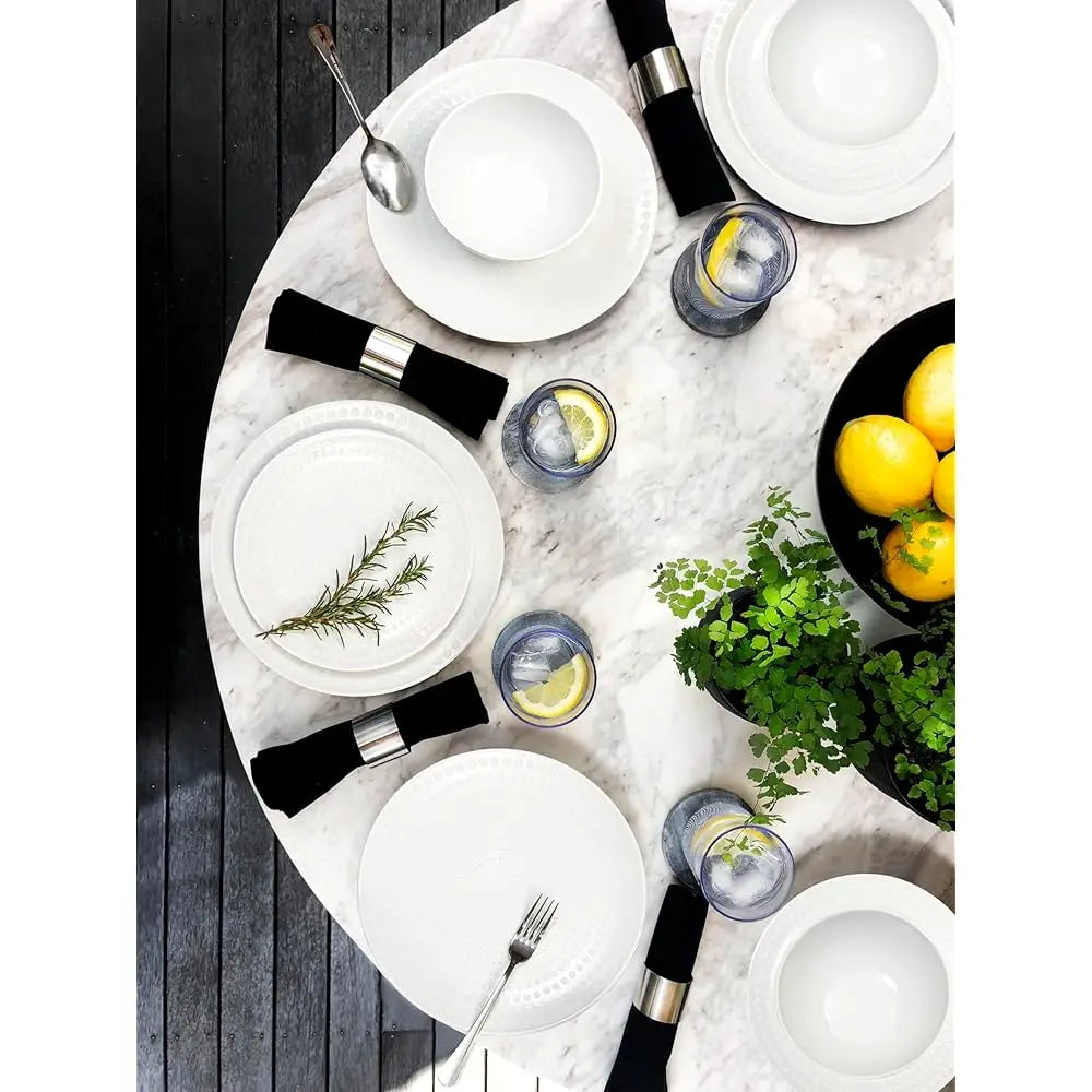 Ceramic Dinnerware Set Serive For 4 (12 Pieces), Stoneware Plates And Bowls For Dining Pearl White Dishes Set With Dotdot