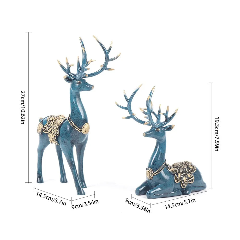 2 PCS Large Resin Deer Figurine Sculpture, Tabletop Hand-painted Statue for Home Office Art Decoration, Blue