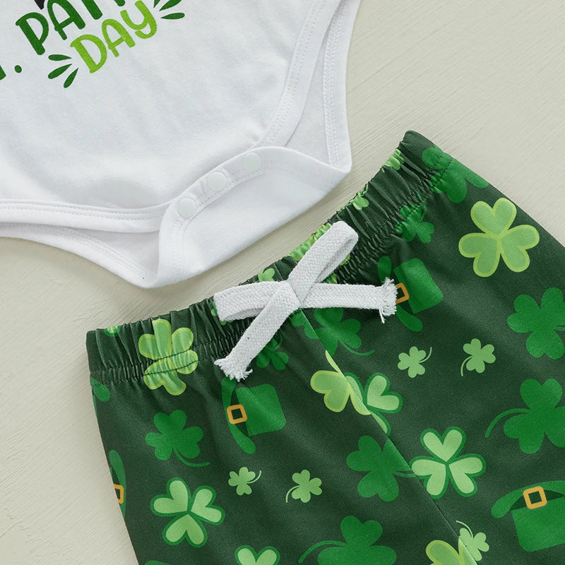 St Patrick s Day Baby Boys Shamrock Print Round Neck Long Sleeve Rompers Long Pants Hat 3Pcs Outfit Set in Ireland Theme