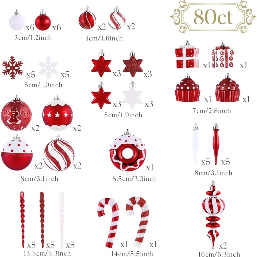 Valery Madelyn Christmas Ball Ornaments Set 80ct Candy Cane Red and White Shatterproof Christmas Tree Decorations for Holiday C