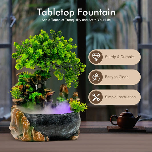 Desktop Water Fountain LED Light Mist Fog Maker Resin Tabletop Decor for Home Office Relaxation Stress Relief Gift Idea