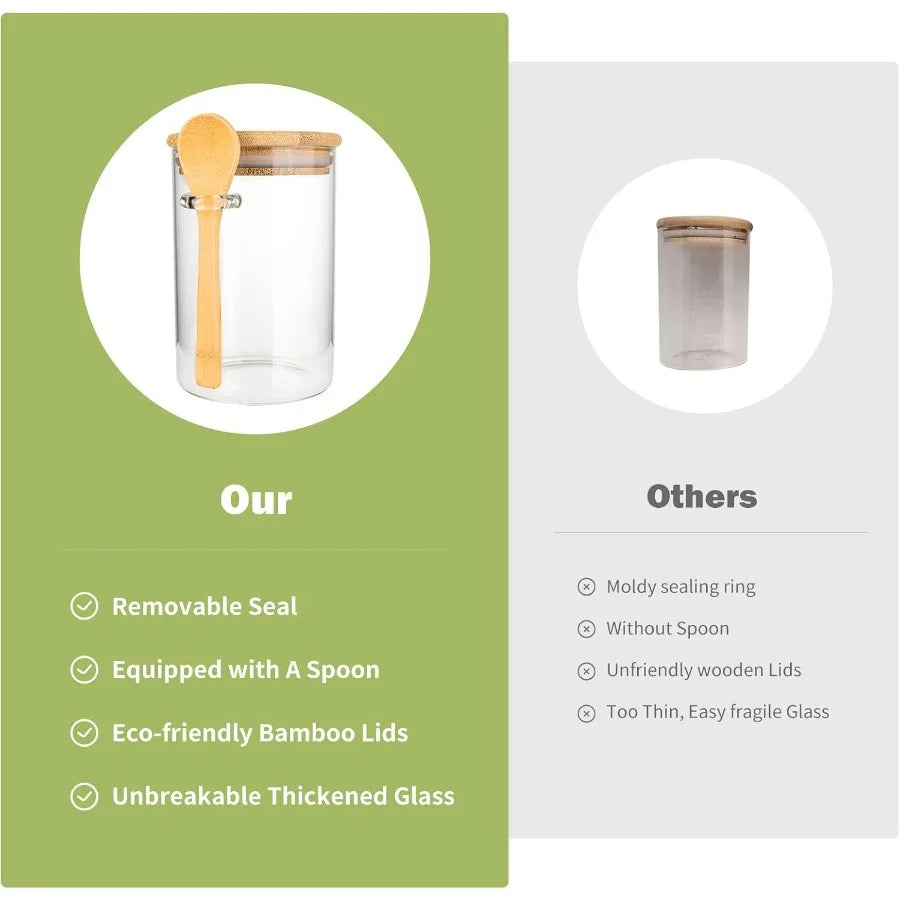 Airtight Food Storage Containers Glass Canister With Wooden Spoon and Lids 20 Oz Jars for Serving Bath Salt Sugar Spice Coffee