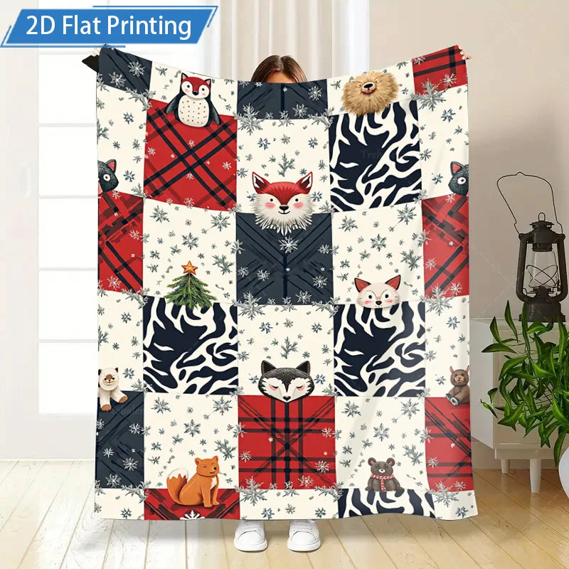 1pc Flannel Blanket Christmas Animal Print Fleece Blanket, Cozy Winter Bedding for Home Decor