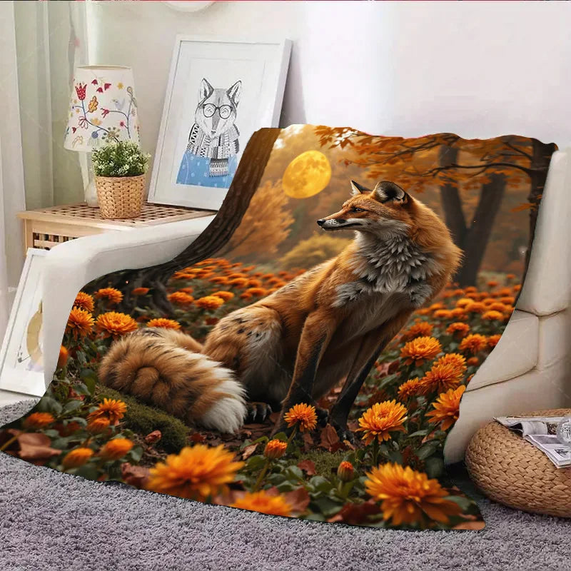 1pc Flannel Blanket Autumn Fox in Floral Forest Blanket - Cozy Fall Scene Throw