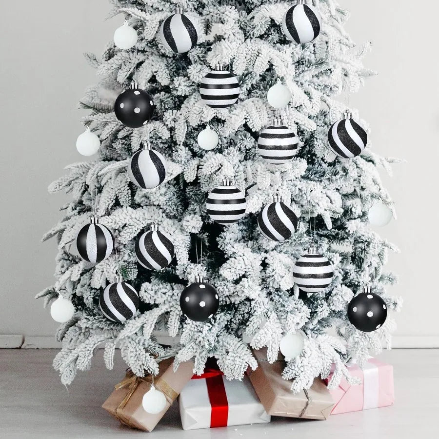 24 Pcs Christmas Black and White Ball Ornaments with Stripe Dot Design for Holiday Tree and Party Decoration Supplies 3.15 Inch