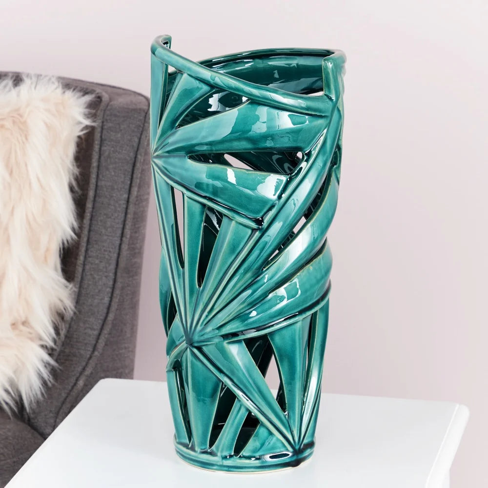Modern Green Stoneware Vase with Triangular Cut Out Designs Home Decoration Indoor Use Glossy Finish Elegant Accent Piece