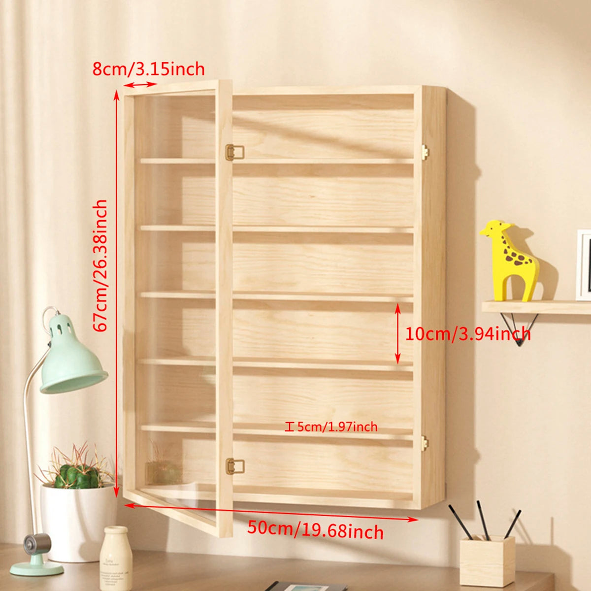 6-Layers Wood Display Shelf Toy Storage Solid Wood Wall Mounted Figurine Collection Box Display Cabinet for Living Room Bedroom