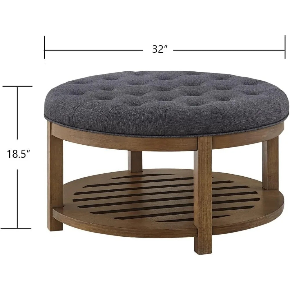 Large Round Upholstered Tufted Linen Ottoman Coffee Table, Large Footrest Ottoman with Wood Shelf Storage-Charcoal