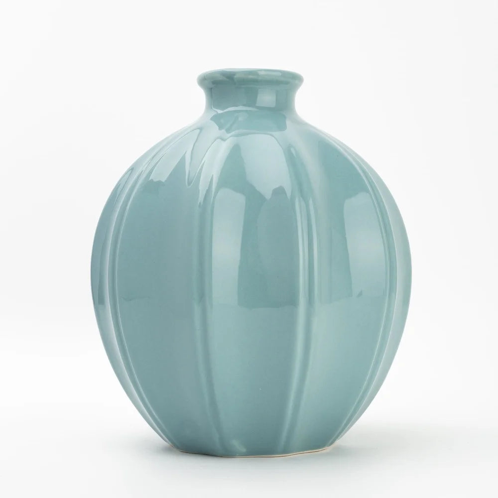 Blue Ceramic Oval Vase Decorative Piece Indoor Display Home Accent Flower Arrangement