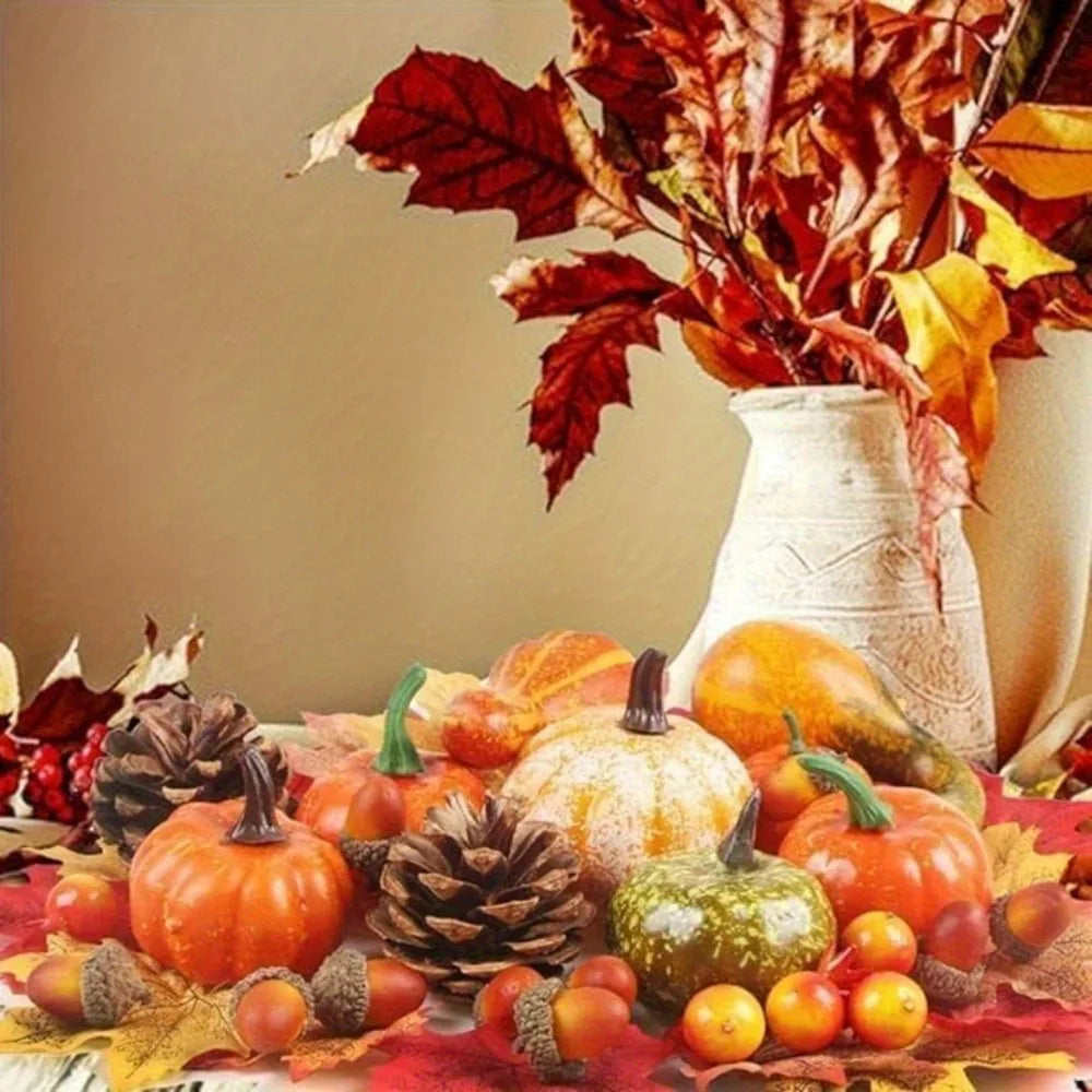 128 Pcs Thanksgiving Artificial Pumpkins Decorations Set with Maple Leaf, Foam Pumpkin, Small Acorns, Pine Cones and