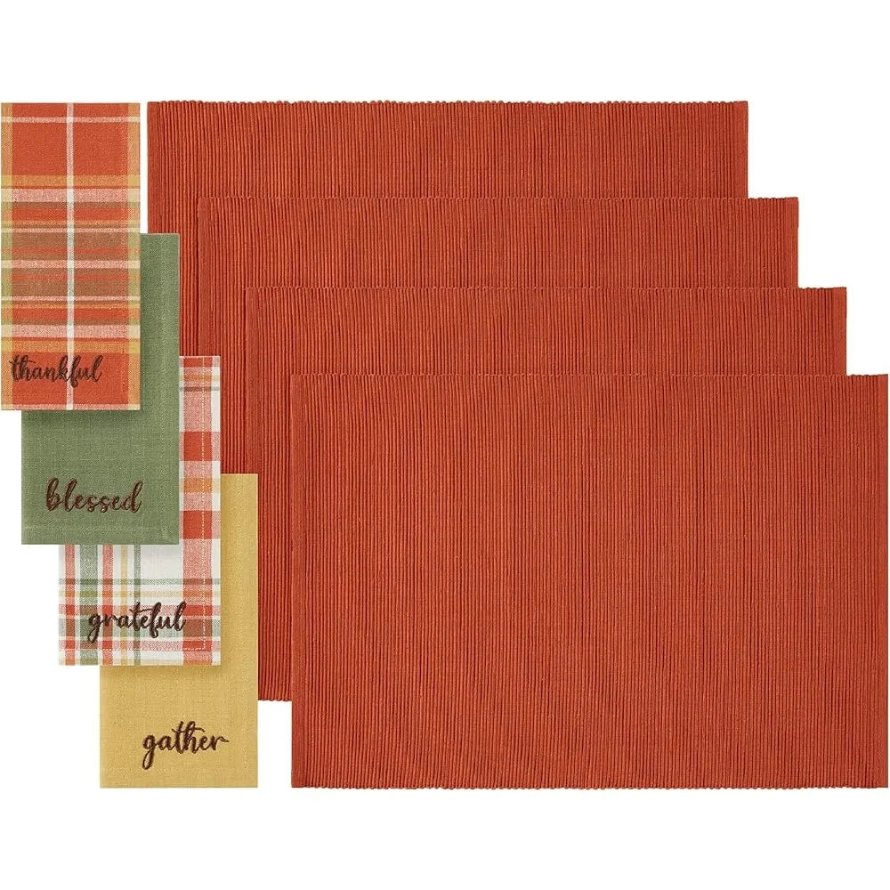 Autumn Cotton Napkin and Placemats Set 8 Pieces Thanksgiving Table Decor Ribbed Textured Cloth Easy Care Home Dining