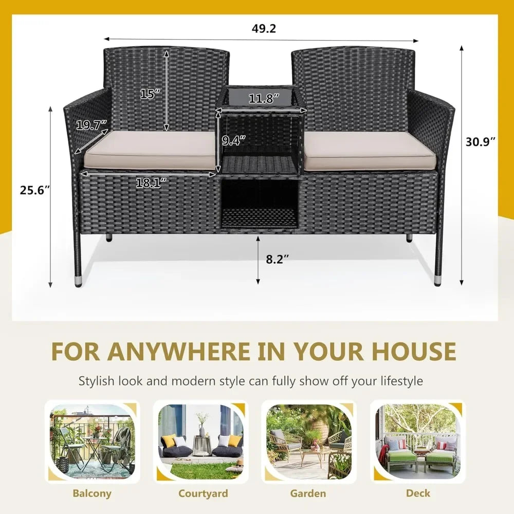 Outdoor Furniture Patio Loveseat Wicker Seat with Built-in Table and Cushions Rattan Porch Chairs Bench for Balcony, Lawn