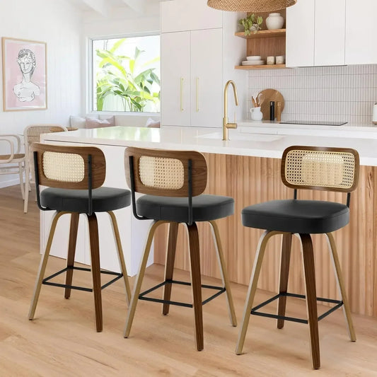 Swivel Counter Height Bar Stools Set of 3,Rattan Back, 26" Seat   Chairs for Kitchen Island, Bentwood Wood Frame, Black