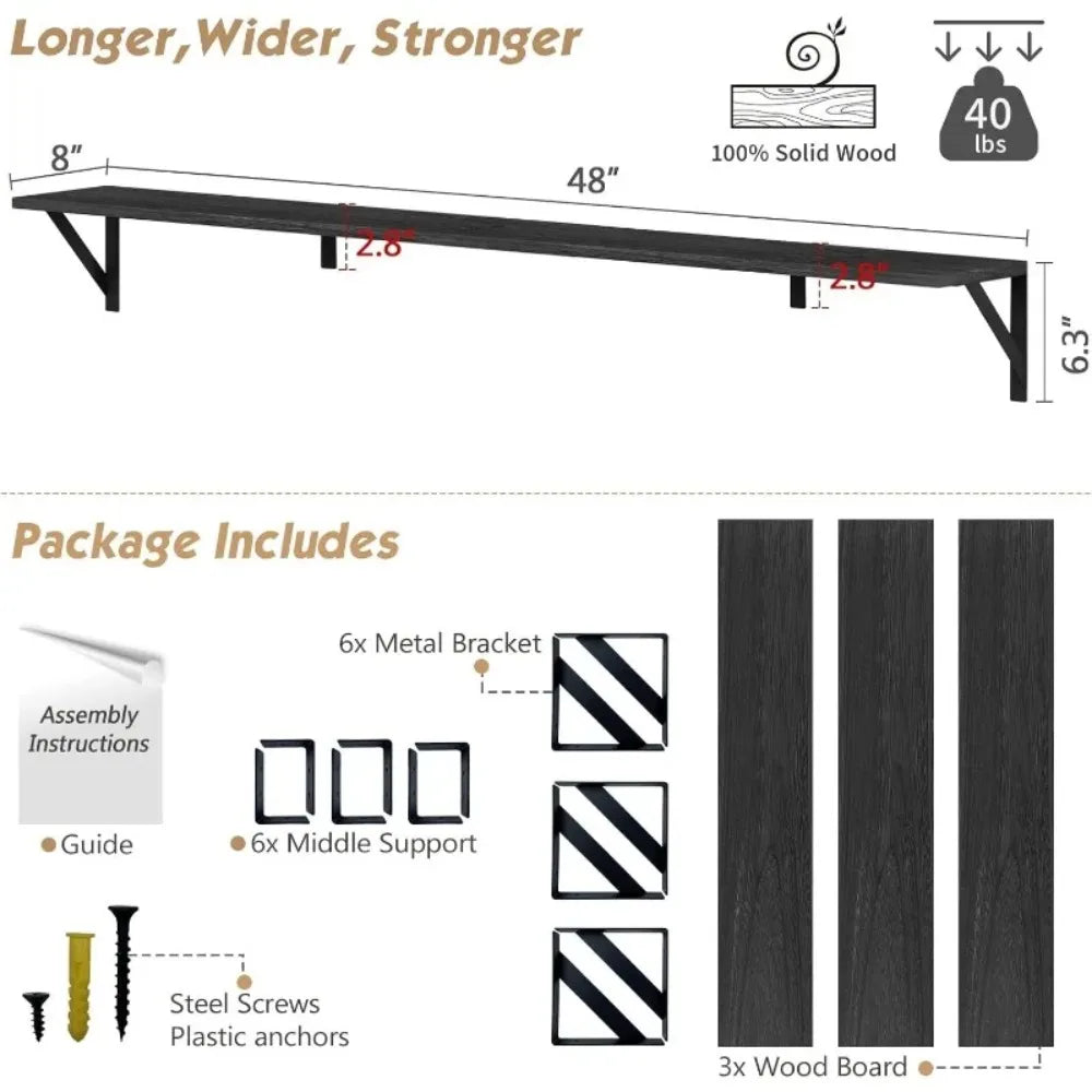 48 Inches Long Floating Book Shelves for Wall Set of 3, Black Wall Bookshelves for Living Room, Hot-Sell!-NEW