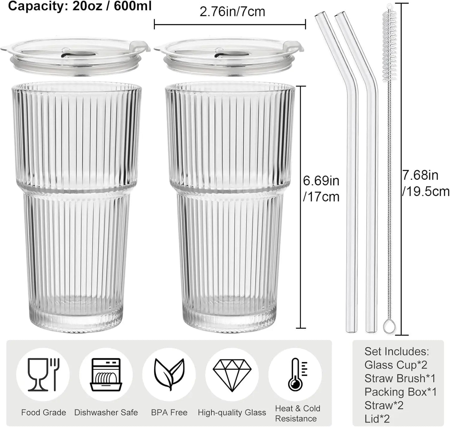 20oz Iced Coffee Cup with Lids, 2 Pack Clear Glass Tumbler with Straw & Lid, Ribbed Glassware Cups, Dishwasher Safe Drinking Gla
