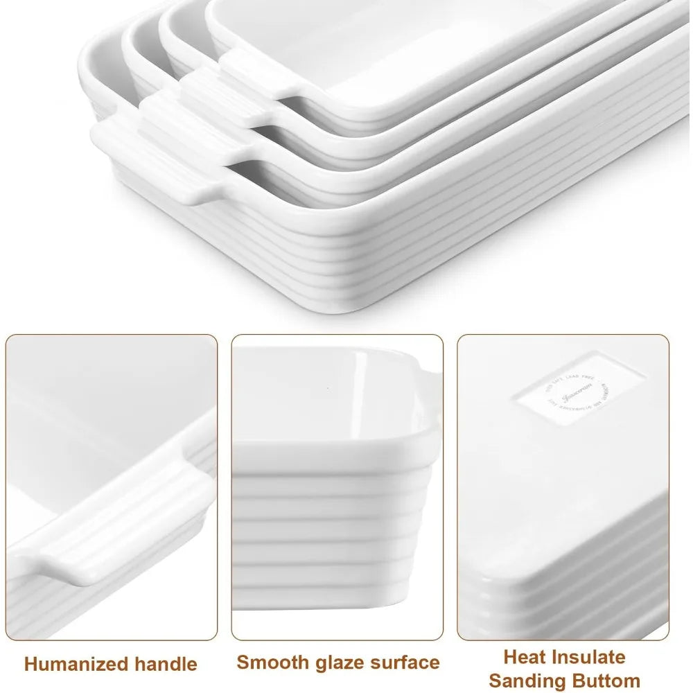 casserole dishes for oven, 4-piece porcelain baking dish, rectangular ceramic bakeware sets with handles, deep lasagna pan for
