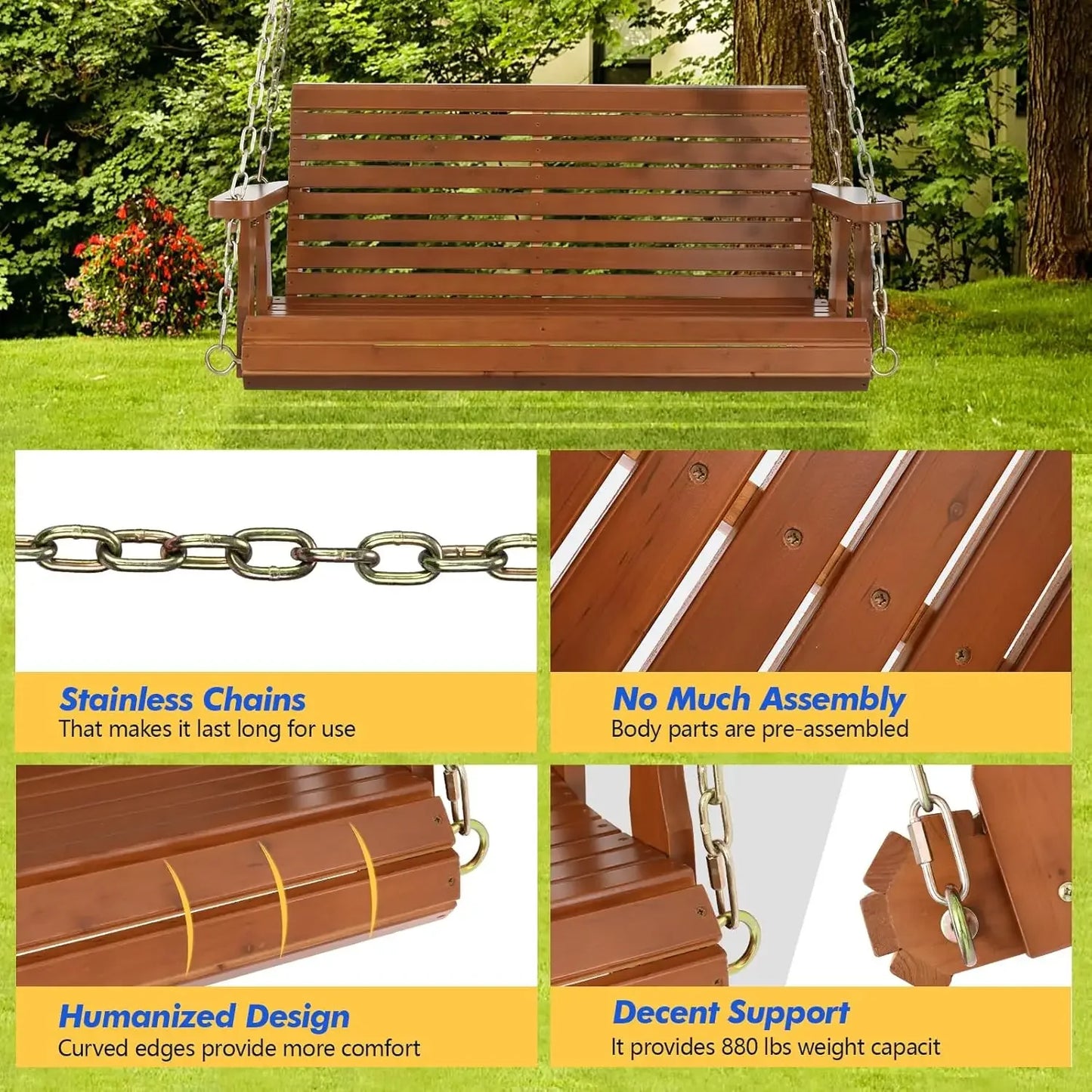 Upgraded Patio Wooden Porch Swing for Courtyard & Garden, Heavy Duty 880 LBS Swing Chair Bench with Hanging  (Brown, 4 FT)