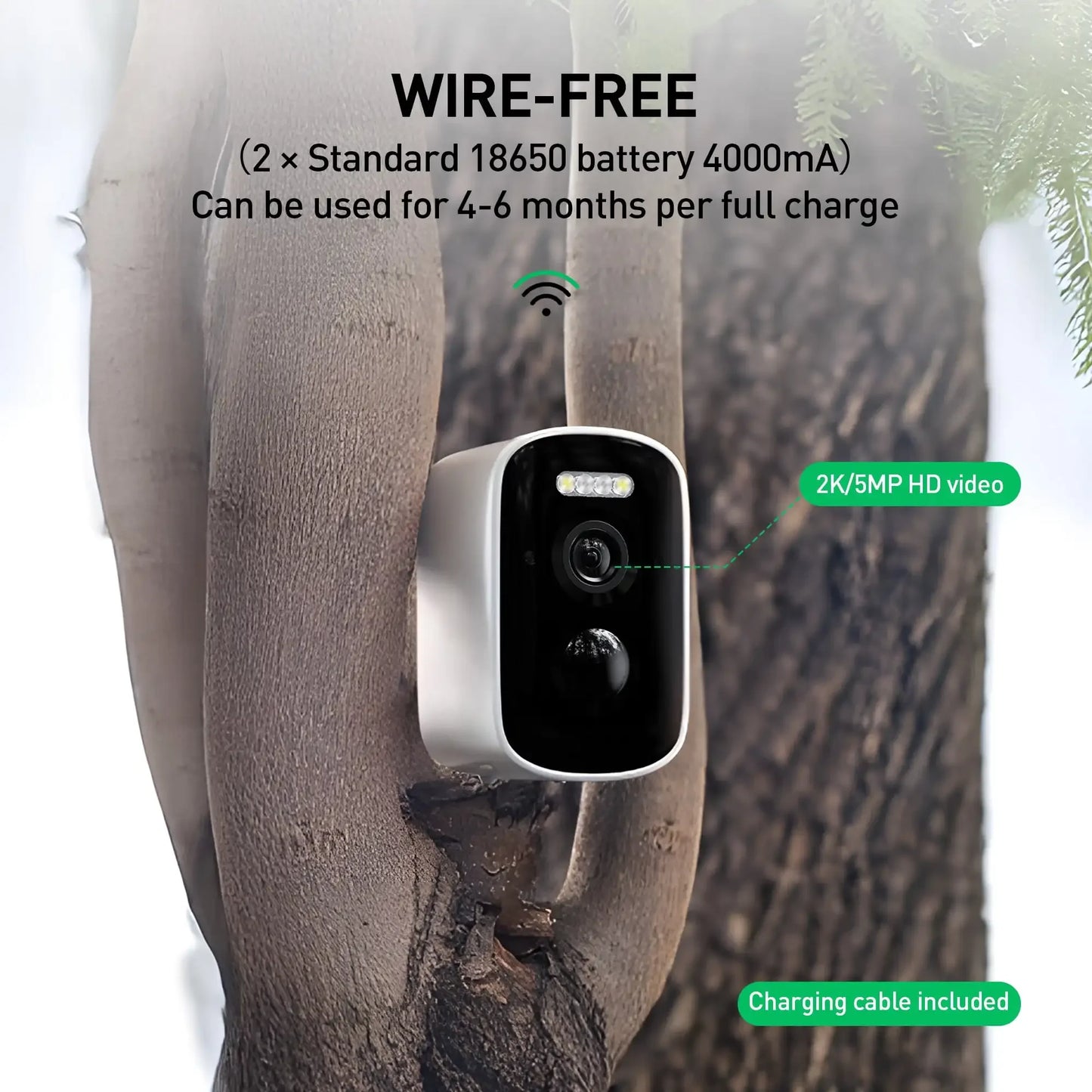 2K/5MP Wireless Outdoor Security Camera,PIR Detection2.4GWiFi Rechargeable Battery Powered with Color Night Vision,Two-Way Audio
