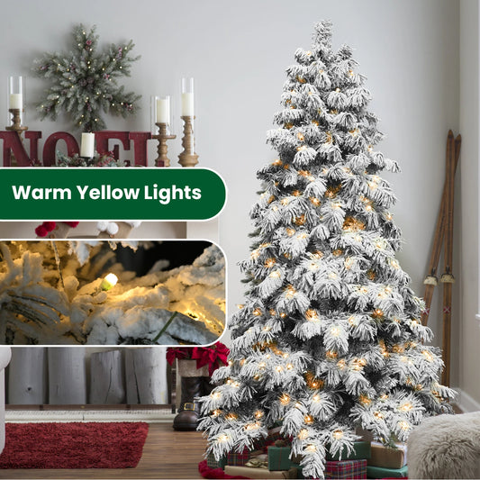 Artificial Flocking Christmas Tree with Warm White Ball Lights PVC Holiday Decoration Xmas Tree with Sturdy Metal Stand Base