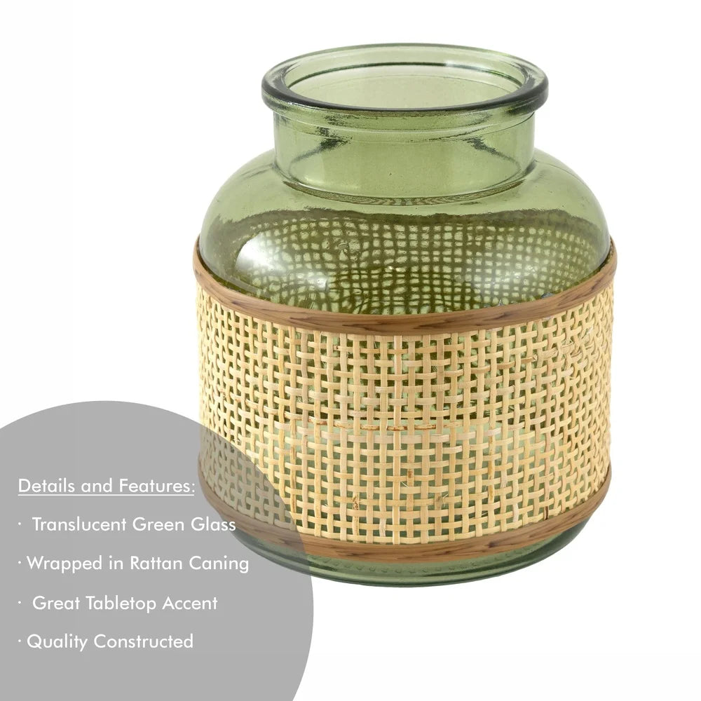 Translucent Green Glass Vase Rattan Caning Wrap Indoor Tabletop Decorative Flower Holder Stain Resistant Home Decor Accent Piece