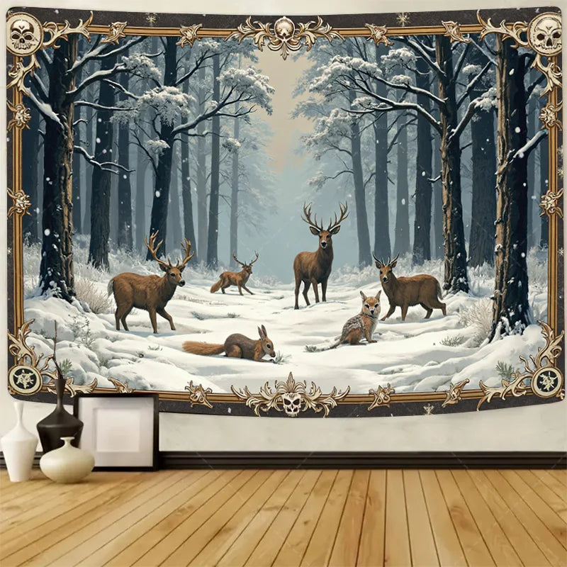 1pc Wall Tapestry "Enchanted Winter Forest Tapestry with Deer and Fox in Snowy Scene"