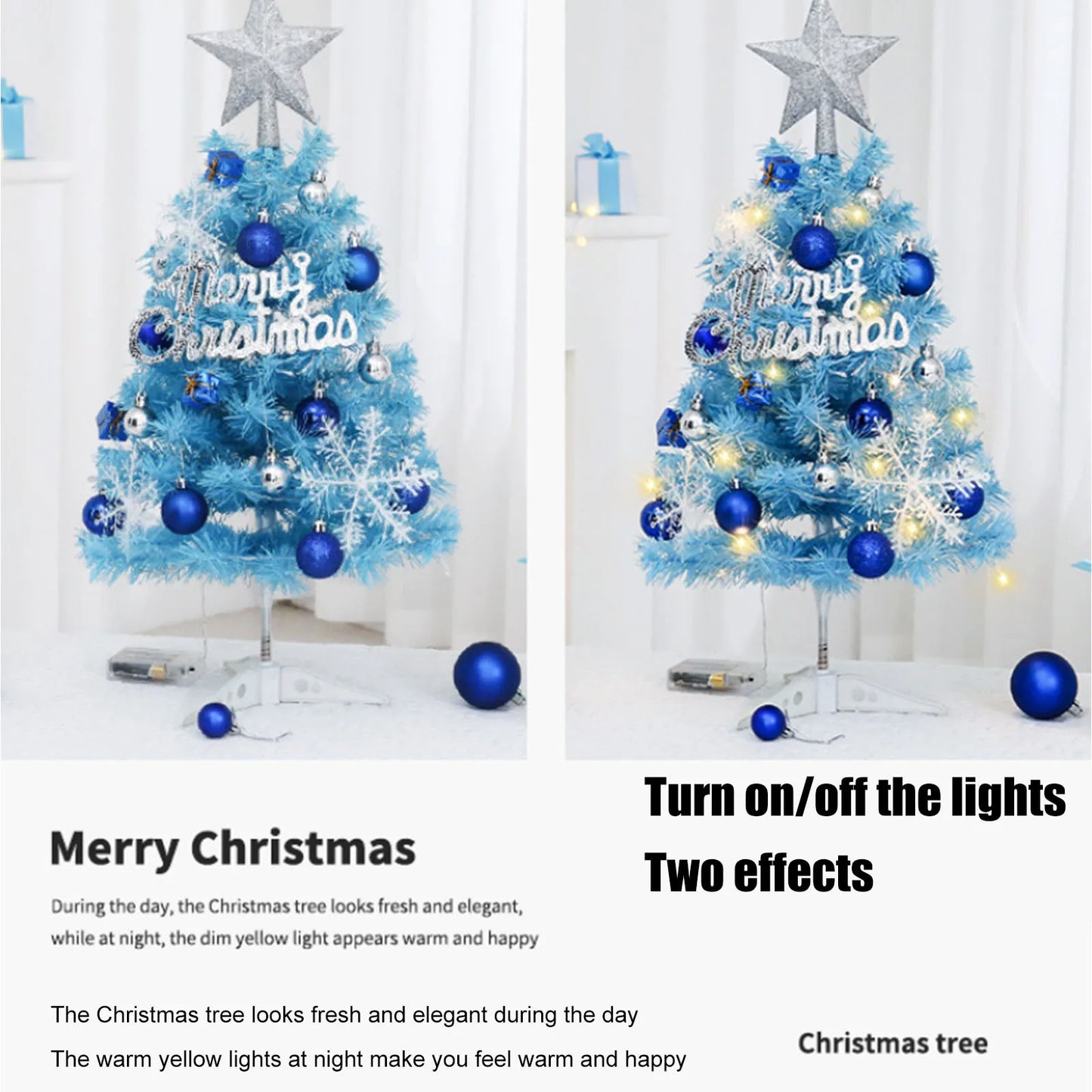 Blue Christmas Tree Set Festive Christmas Decor Mini Tree with Ornaments Lights Party Decor Collectible Home Decor Gift