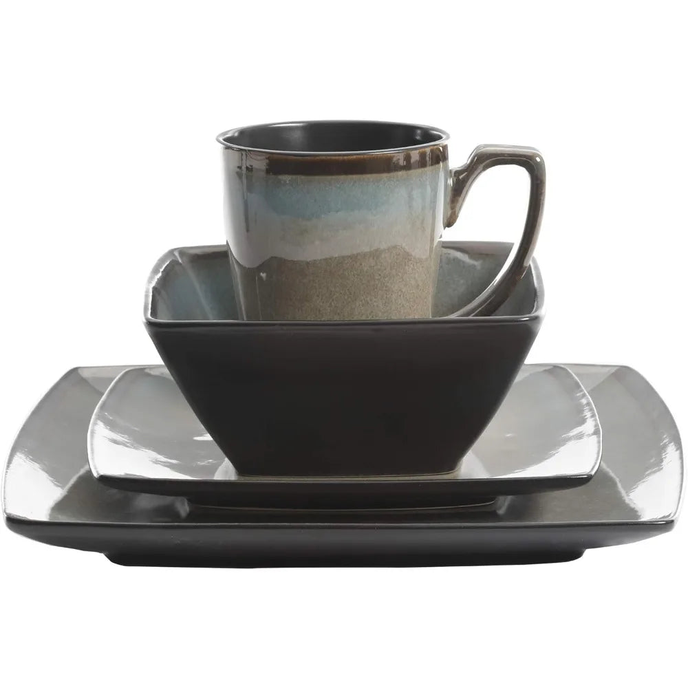 Gibson Elite Tequesta Square Reactive Glaze Stoneware Plates and Bowls Dishes Dinnerware Set, Service for 4 (16pcs), Taupe