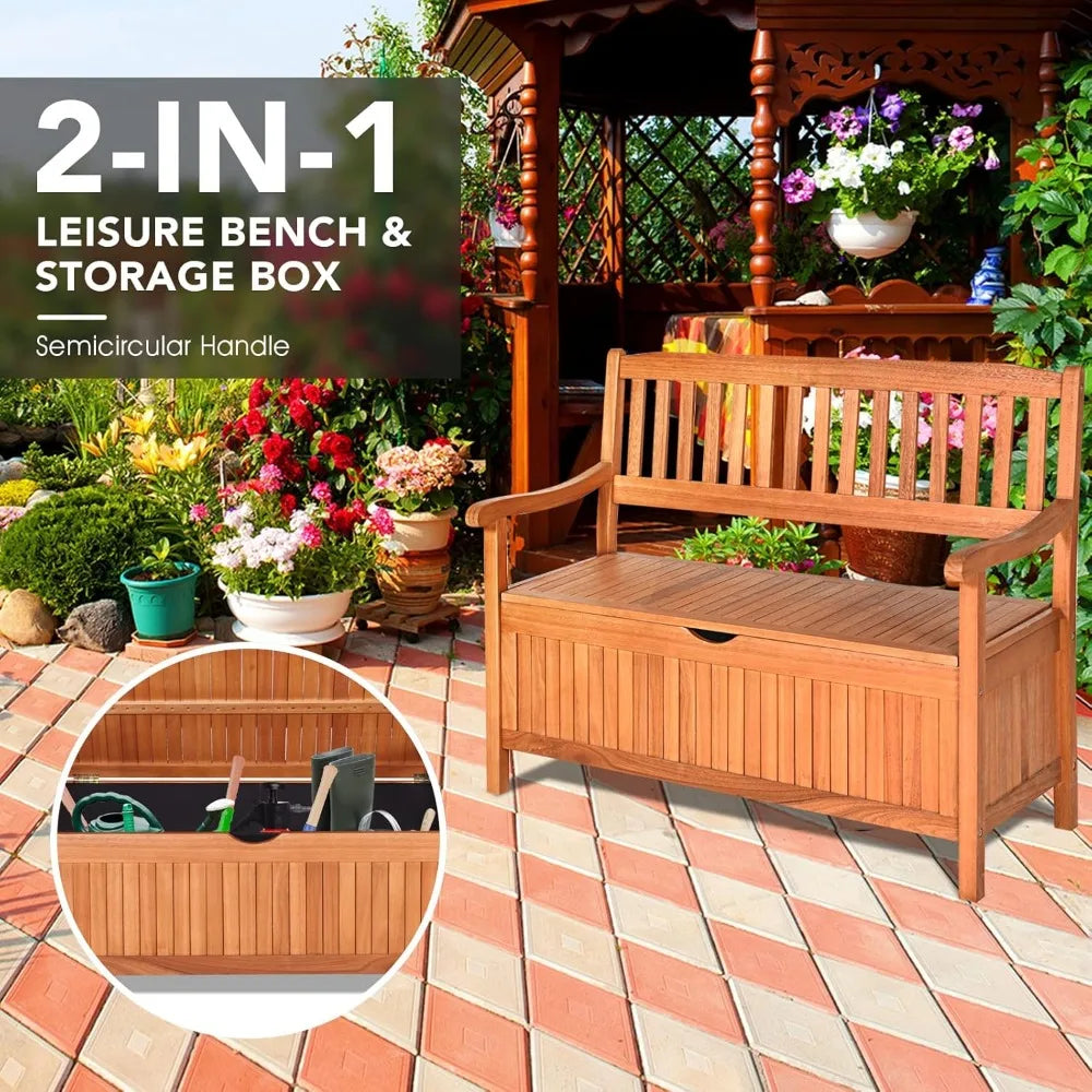 Safstar Outdoor Patio Bench with Storage Box, 33 Gallon Capacity, Wooden Frame, Eucalyptus Material, Natural Color, 42 x 23 x 35