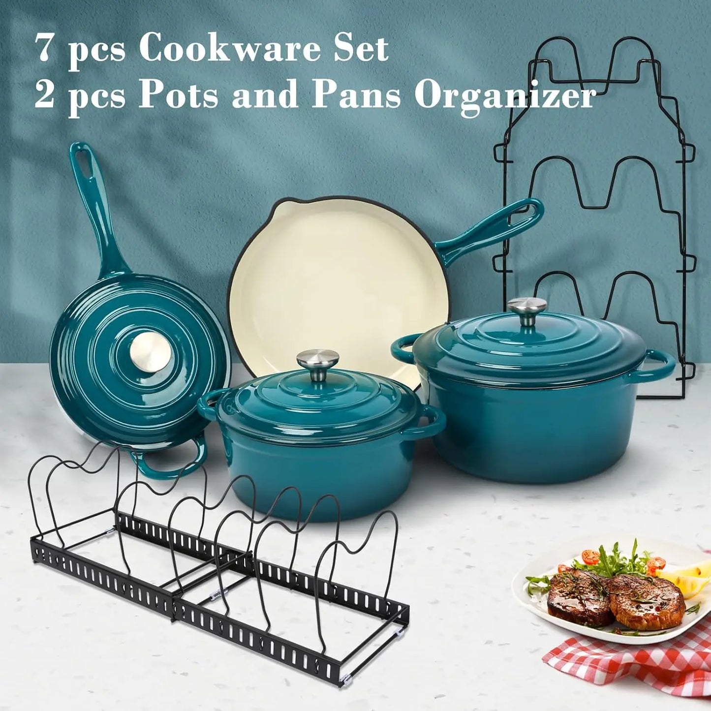 Enameled Cast Iron Cookware Set, 9-Piece Pots and Pans Set Non Stick, Pots and Pans Rack Organizer, 10.25” Skillet, 2QT Saucepan