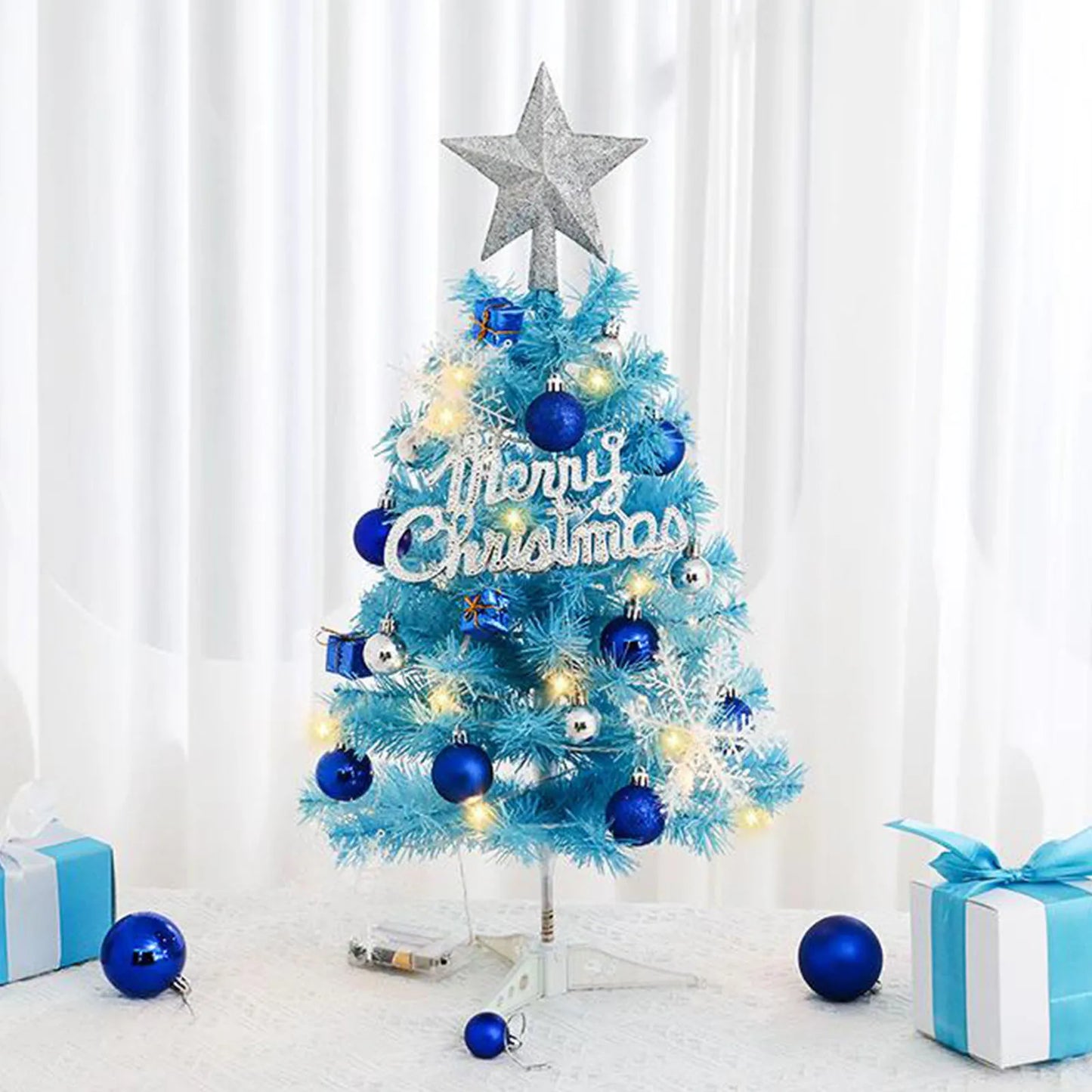 Blue Christmas Tree Set Festive Christmas Decor Mini Tree with Ornaments Lights Party Decor Collectible Home Decor Gift