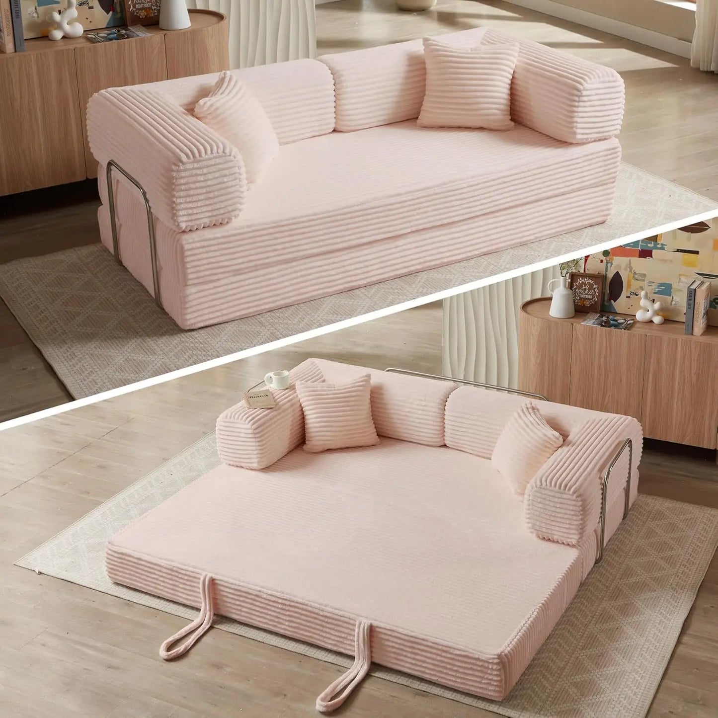 Sofa Bed 4-in-1 Boneless Couch Oversized Corduroy Upholstered Sleeper Sofa with Loveseat Couches for Living Room