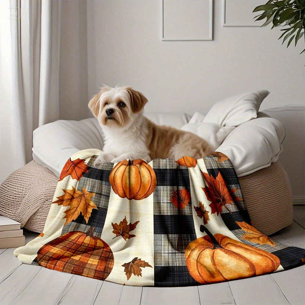 1pc Pumpkin & Fall Leaves Flannel Blanket - Soft Orange/Black/Plaid Pattern Throw - Machine Washable All-Season Bedspread
