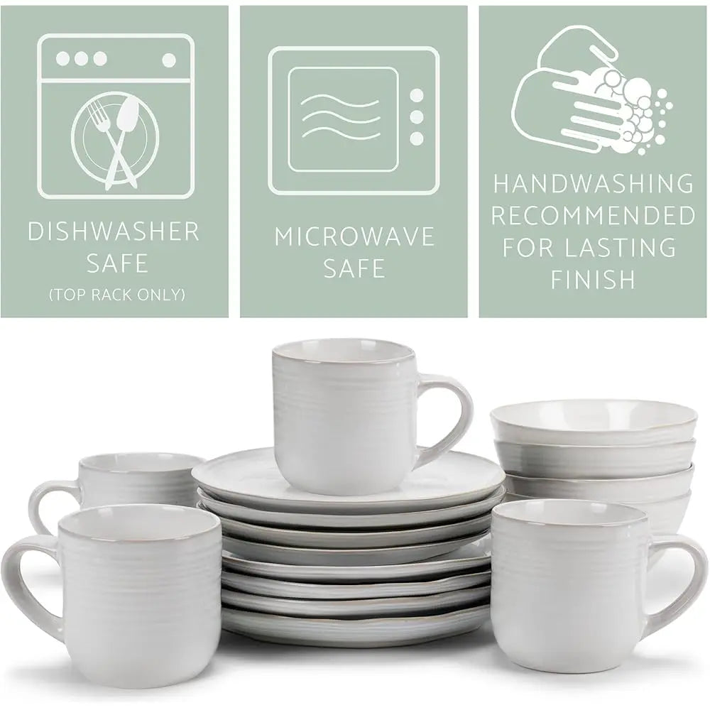 Reactive Glaze Farmhouse Rustic Boho Ceramic Stoneware Dinnerware 16 Piece Plate Bowl Mug Dish Set - Service For 4, Classic