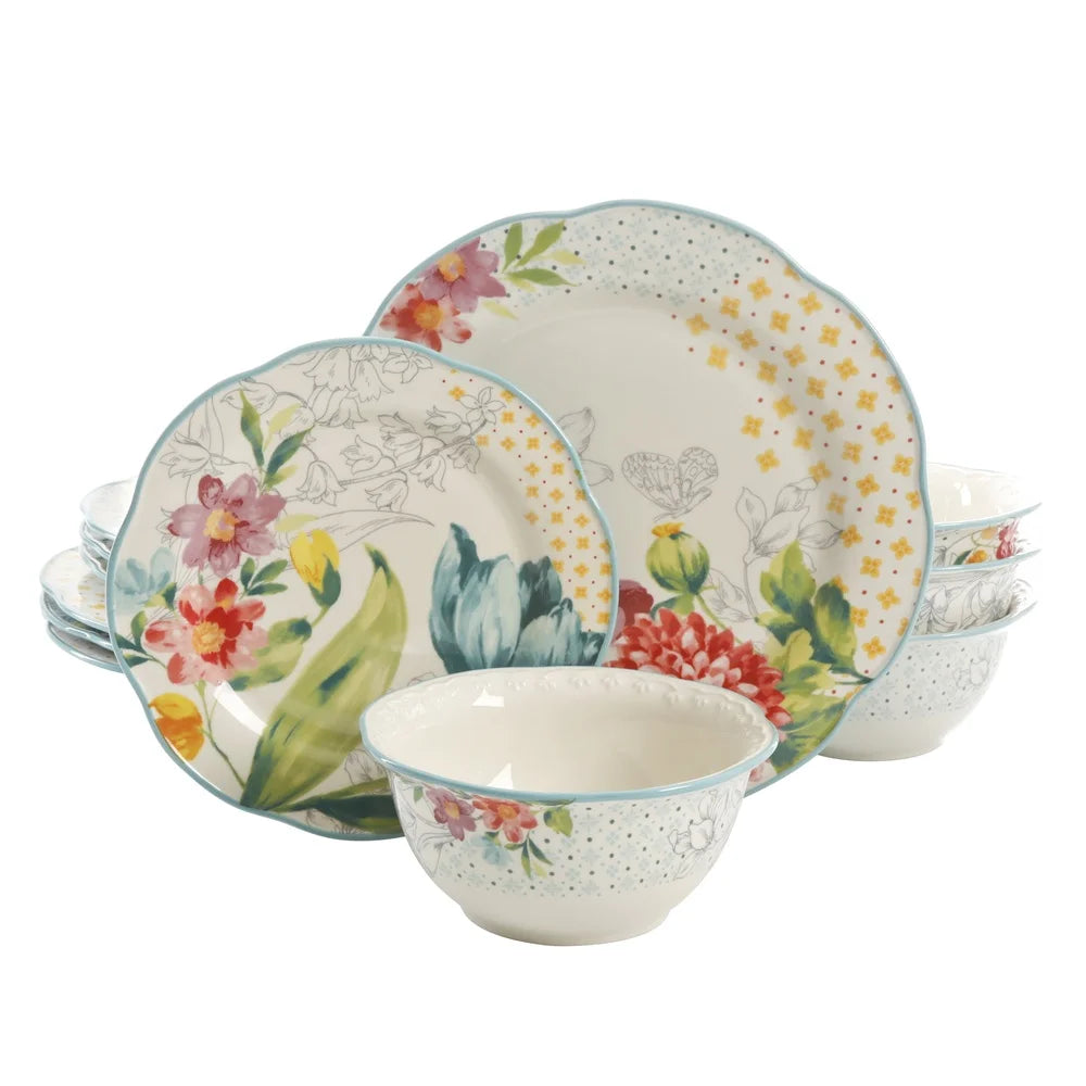 Blooming Bouquet 12-Piece Dinnerware Set Stoneware Dishwasher Safe Dinner Plates Salad Bowls Colorful Floral Patterns Elegant