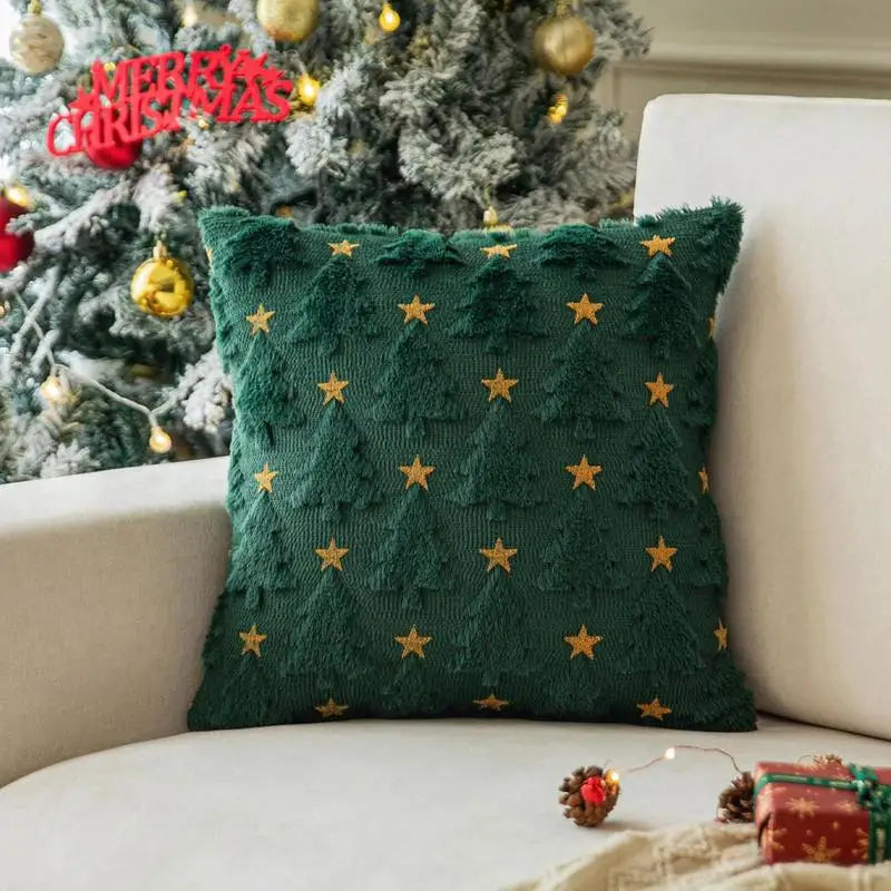 Christmas Cushion Covers Green Christmas Tree With Golden Star Square Pillowcase Holiday Home Decoration Winter Holiday Soft