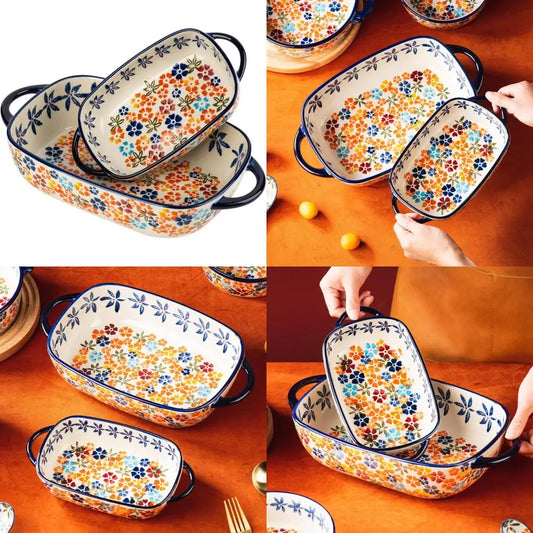 Vintage-Inspired Rectangular Ceramic Baking Dish Set, 2-Piece Handcrafted Porcelain Bakeware with Floral Pattern