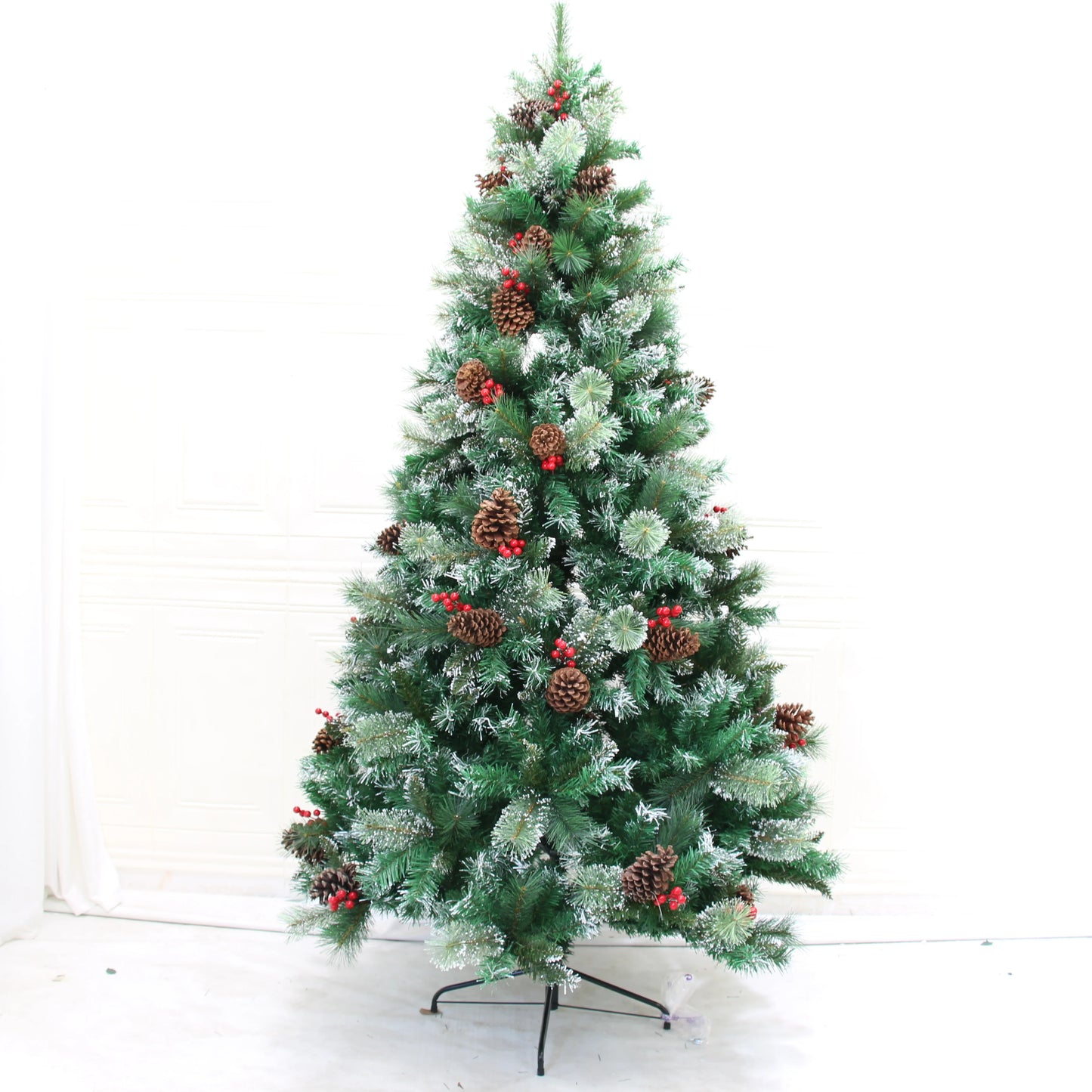 Christmas Tree 180cm/210cm Mixed Pine Needle PVC with Pine Cones & Red Berries, Full Shape, Iron Stand